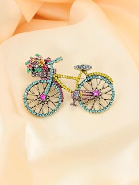 Colorful Crystal Bicycle Brooch Pin | Floral Vintage Statement
